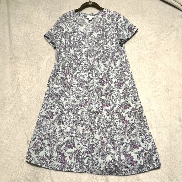 J. Jill 100% Linen Dress XS Purple Floral Paisley Print V-Neck Pockets Relaxed F - Picture 1 of 5